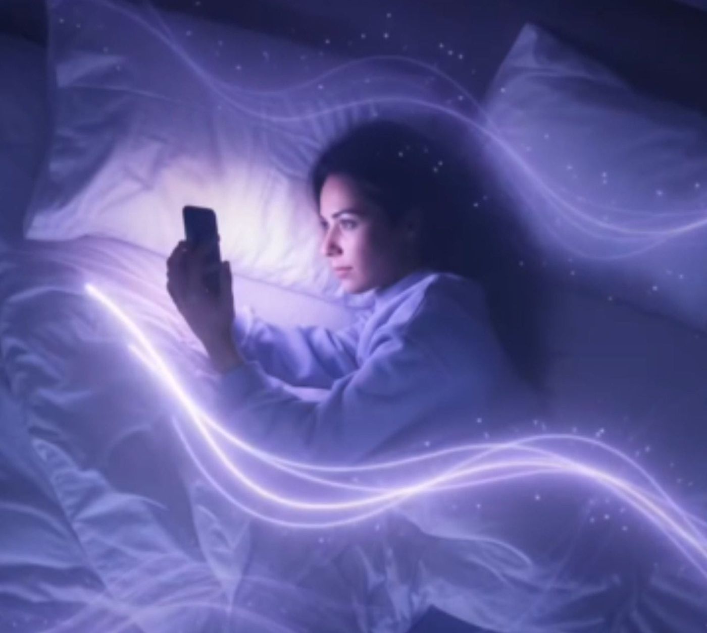 Woman lying awake in bed, lit by her phone