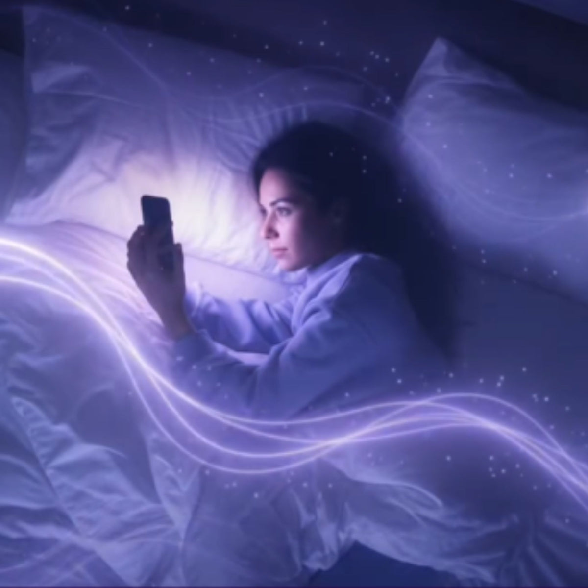 Woman lying awake in bed, lit by her phone