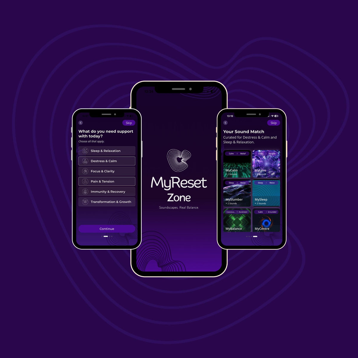 The MyReset Zone app on three phones: Discover, Learning Library and Inner Reset